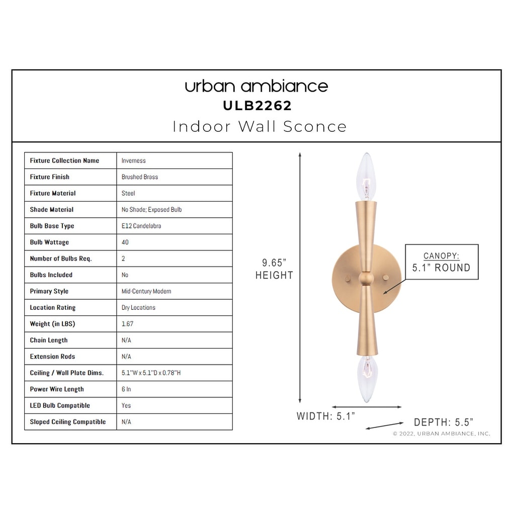 Luxury Mid-Century Modern Wall Sconce, 10H x 5W, with Modern Style, Brushed Brass, BWB2262 by Urban Ambiance