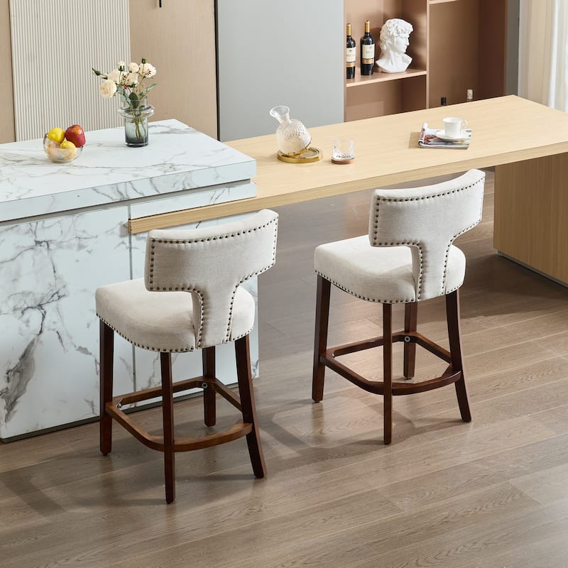 Counter Height Bar Stools Set of 2, Linen Upholstered Accent Chairs, Curved Backrest with Nailhead Trim and Splayed Legs
