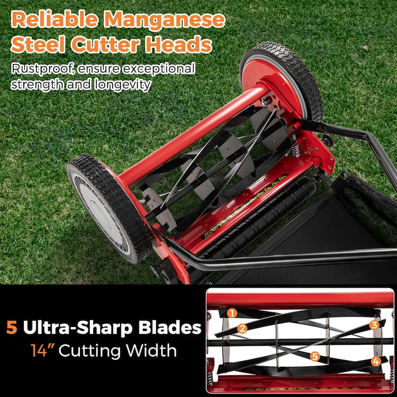 Gymax 14'' Manual Reel Mower w/ 5-Blade 6.6 Gallon Removable Grass