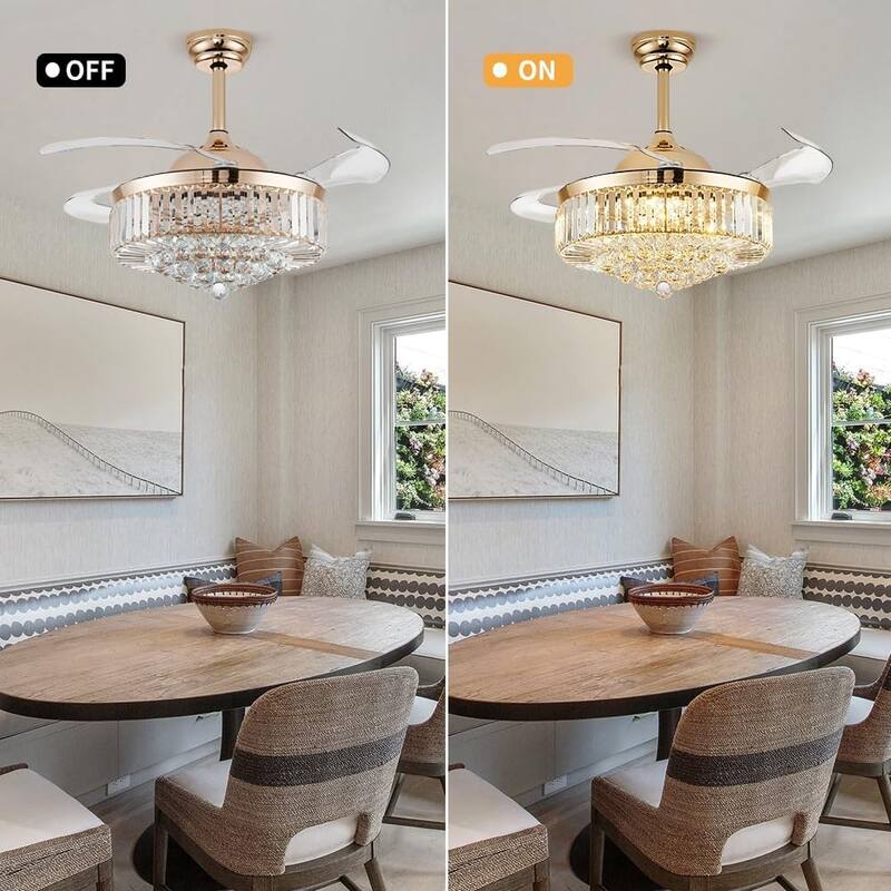 42'' Fandelier Ceiling Fan with Light, Retractable Chandelier Fan LED Dimmable Crystal Ceiling Fan for Bedroom Living Room
