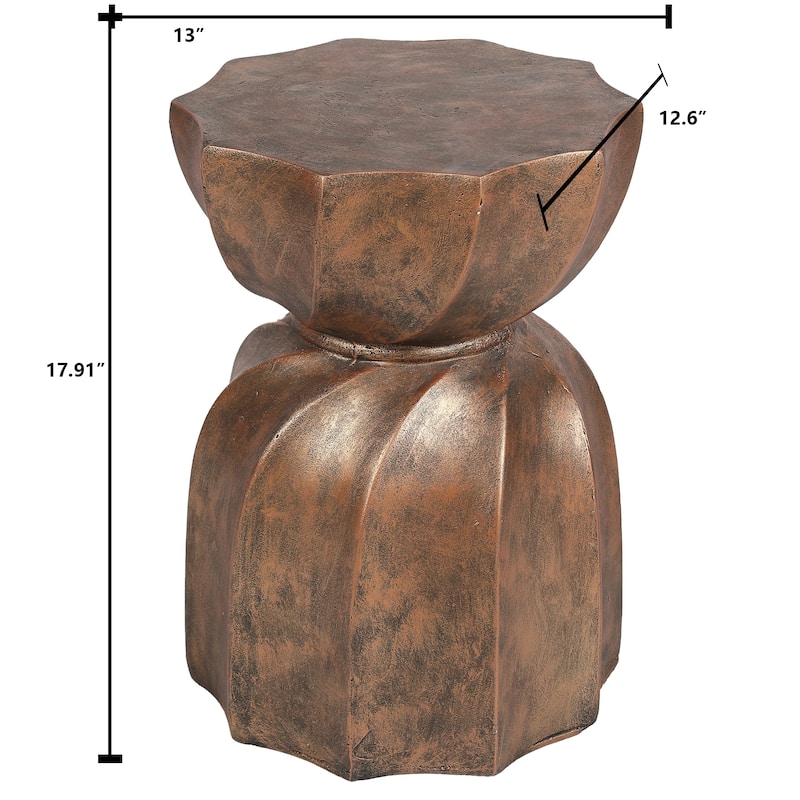 Cement Hourglass Round Side and End Table, Indoors & Outdoors - Weathered Copper