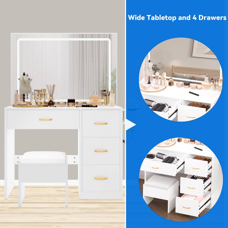 Moasis Vanity Set with Led Lights Makeup Desk Dressing Dresser Desk Table with 4 Drawer - 35.43''L x 15.74''W x 53.54''H