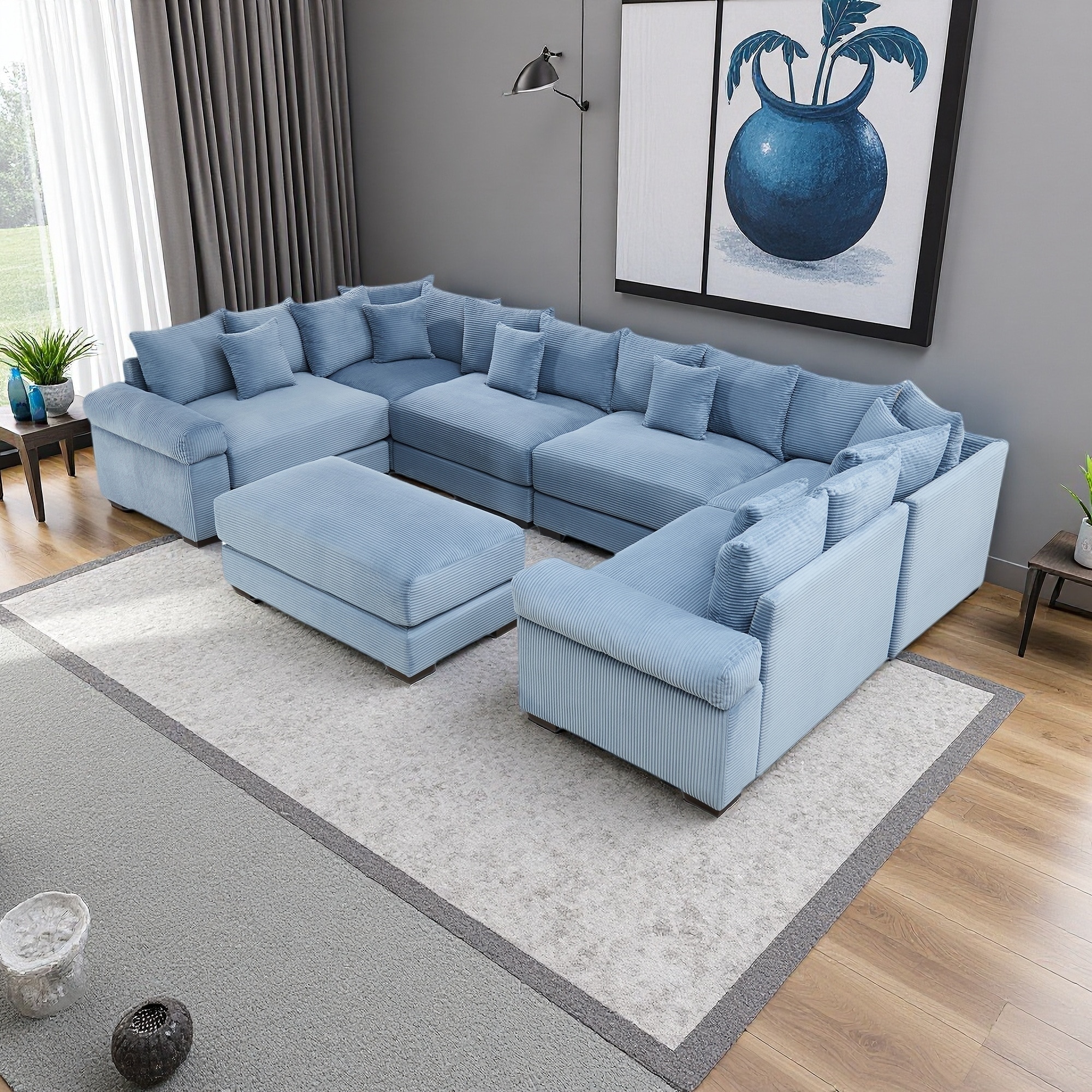 137.7" Corduroy Modular Cloud Sectional Sofa with Ottoman Included and Extra-Wide Armrests (6-Seater)