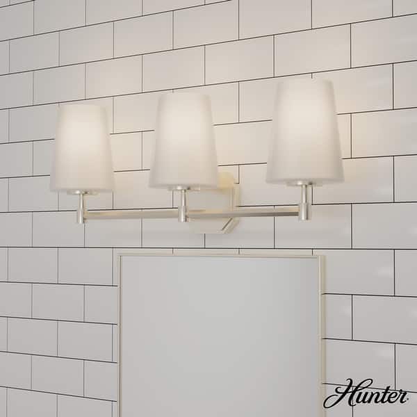 slide 2 of 10, Hunter Nolita Vanity Wall Light - Bathroom - Contemporary, Transitional - White Glass Shades - Damp Rated! 24" - 3 Light - Brushed Nickel