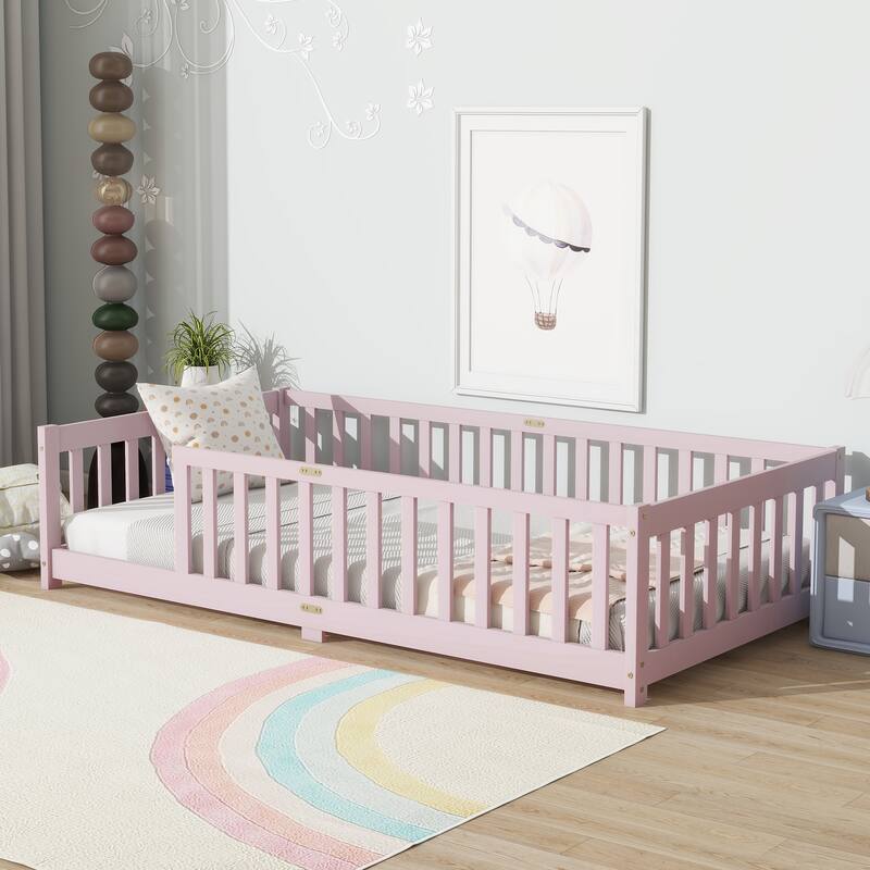 Rubber Wood Twin Size Floor Bed with Fence without Door