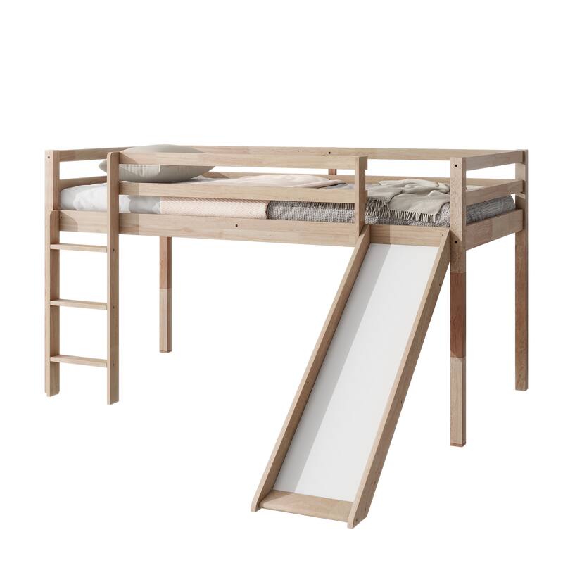 White Oak Twin Low Loft Bed with Slide, Ladder & Safety Rails - Rubber Wood Kids Bunk Bed