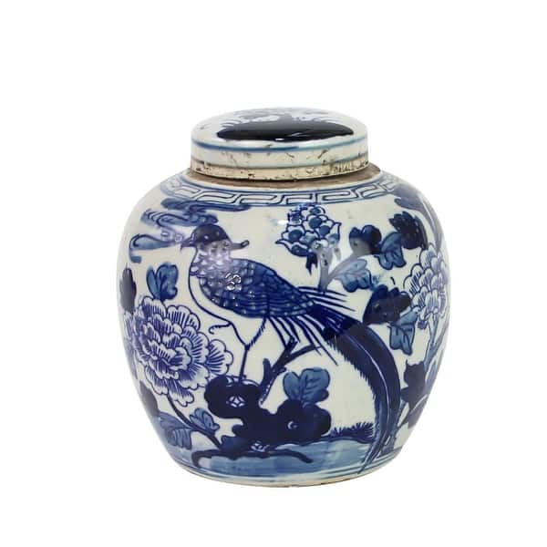 Blue And White Mini Jar Pheasant With Peony