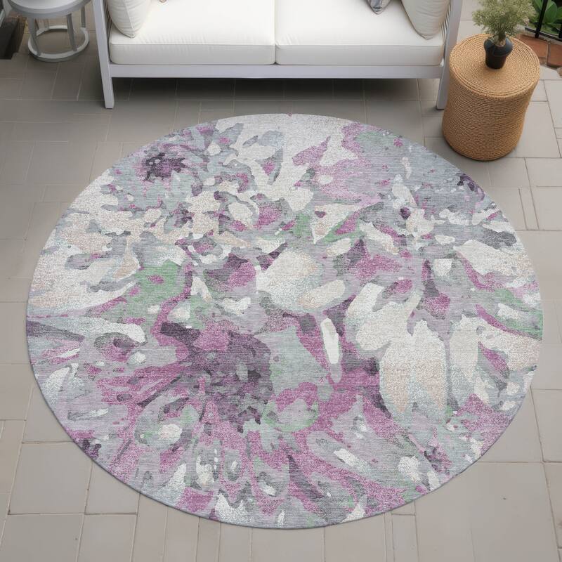 Machine Washable Indoor/ Outdoor Abstract Floral Chantille Rug - Blush - 8' x 8'