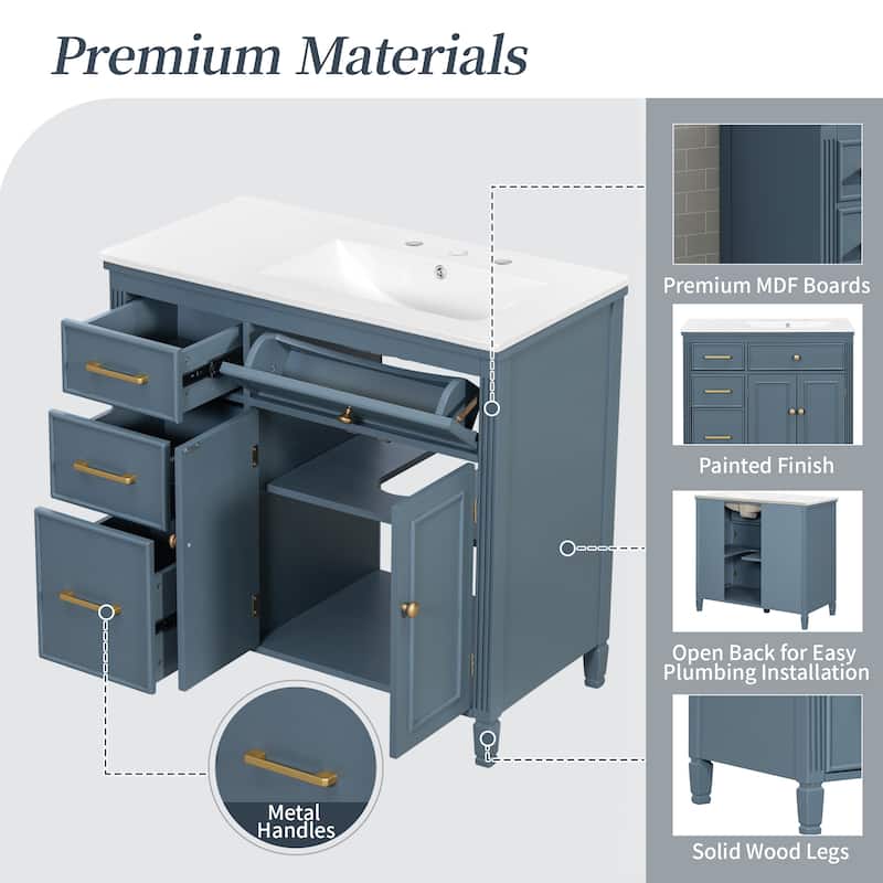 36" Bathroom Vanity with Sink, Ceramic Sink, One Tip-out Drawer, 3 Side Drawers, Adjustable Shelf