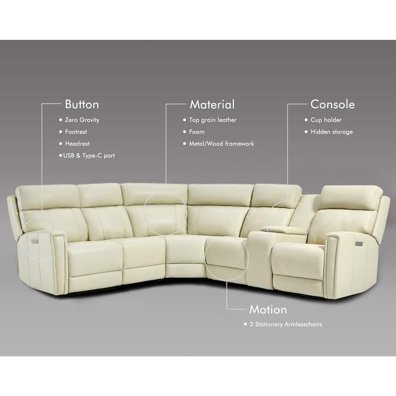 104" W 6 Seater Genuine Leather Power Sectional and 39" W Recliner Set with Zero Gravity, USB Ports, 2 Stationary Armlesschairs