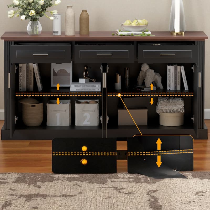 63" Fluted Sideboard Buffet Cabinet, Farmhouse Kitchen Storage Credenza with 4 Doors & 3 Drawers, Coffee Bar Console Table