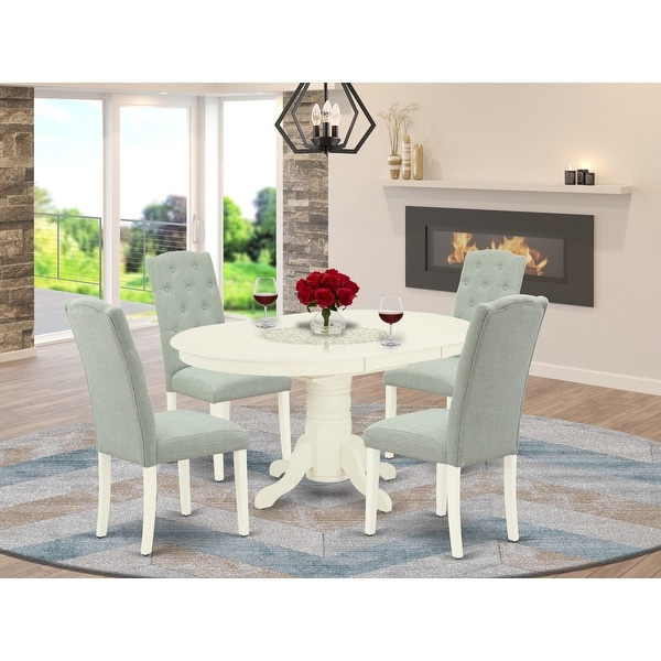 Oval Table and Parson Chairs in Baby Blue Linen Fabric (Number of Chairs Option)