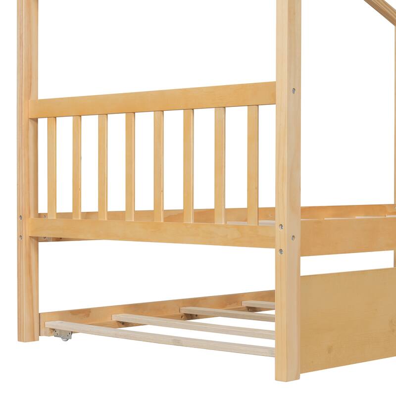 Twin Size Wooden House Bed with Pull-Out Trundle, Natural Finish