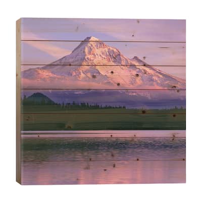 OR, Mount Hood NF. Sunset light reddens north side of Mount Hood with first snow Print On Wood by John Barger - Multi-Color