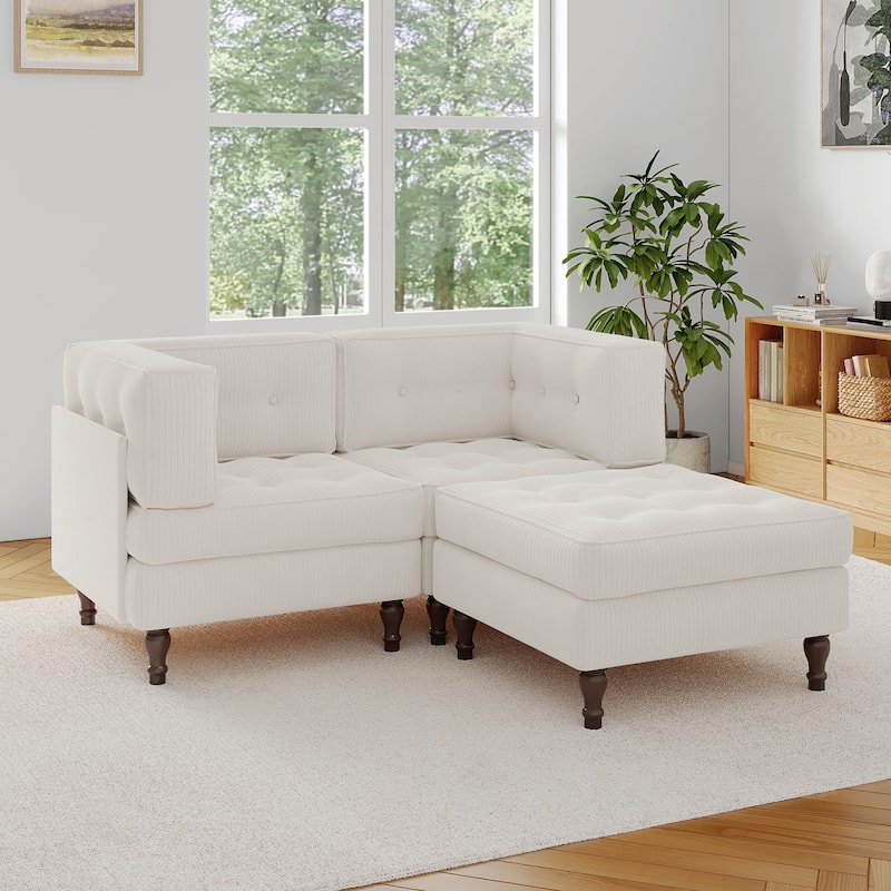 Corduroy Upholstered Modular Corner Sectional Sofa with Reversible Ottoman - Beige