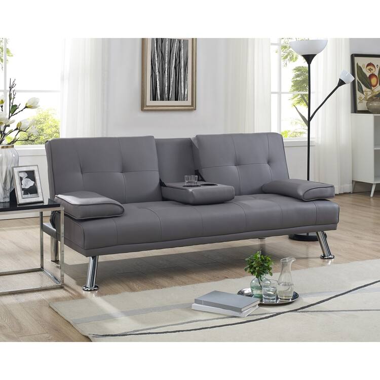 Futon Sofa Bed Couch with Armrest & Cupholders, Faux Leather Sofa Bed Couch Convertible Folding Reclining Small Couch