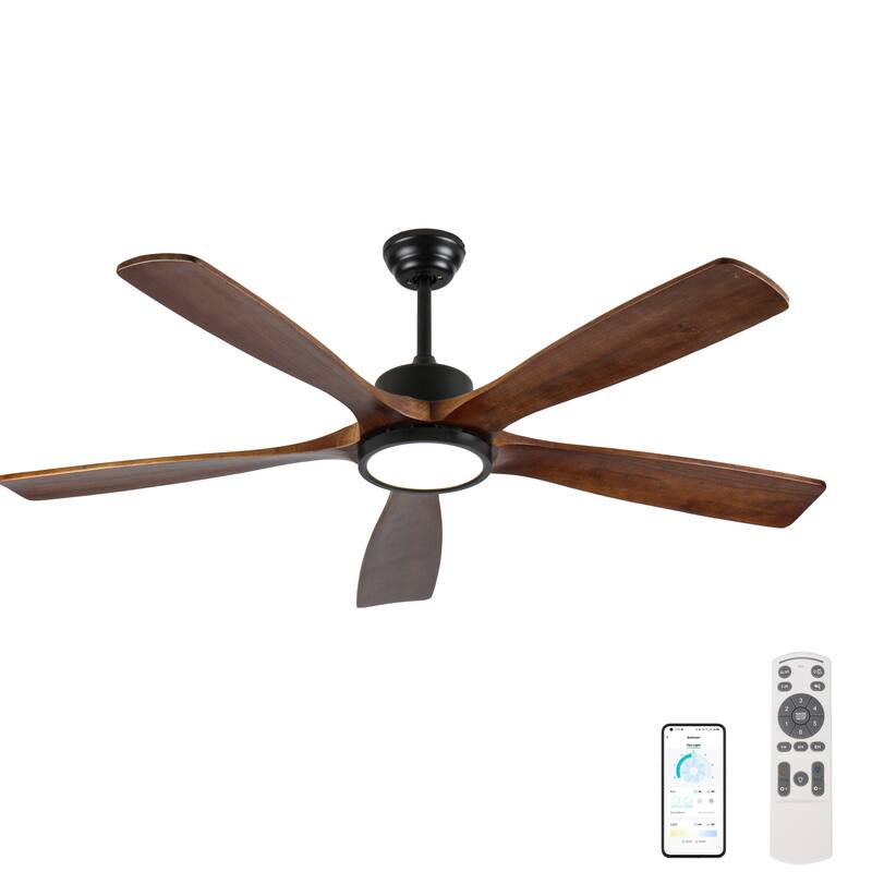 60-Inch Ceiling Fan with Light, 5 Solid Wood Blades, Downrod Mount for Sloped Ceiling ≤15°, Quiet Reversible DC Motor - Brown