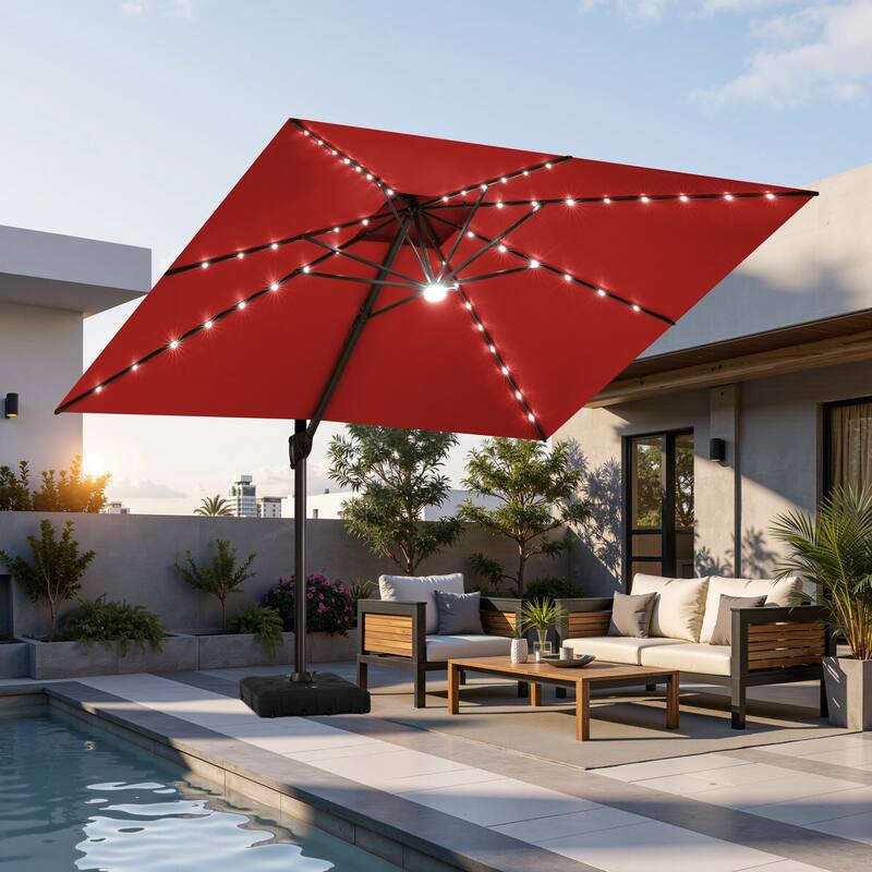 11 FT Outdoor Double Top Solar Powered LED Patio Cantilever Umbrella with Base - Red