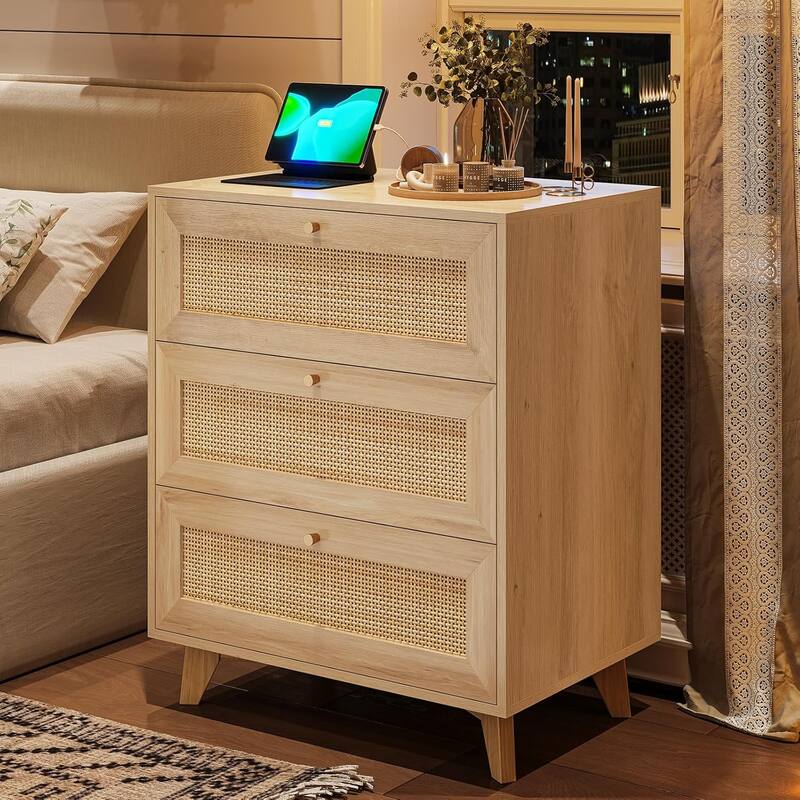 Rattan Nightstand for Bedroom Charging Station USB Ports LED Lights