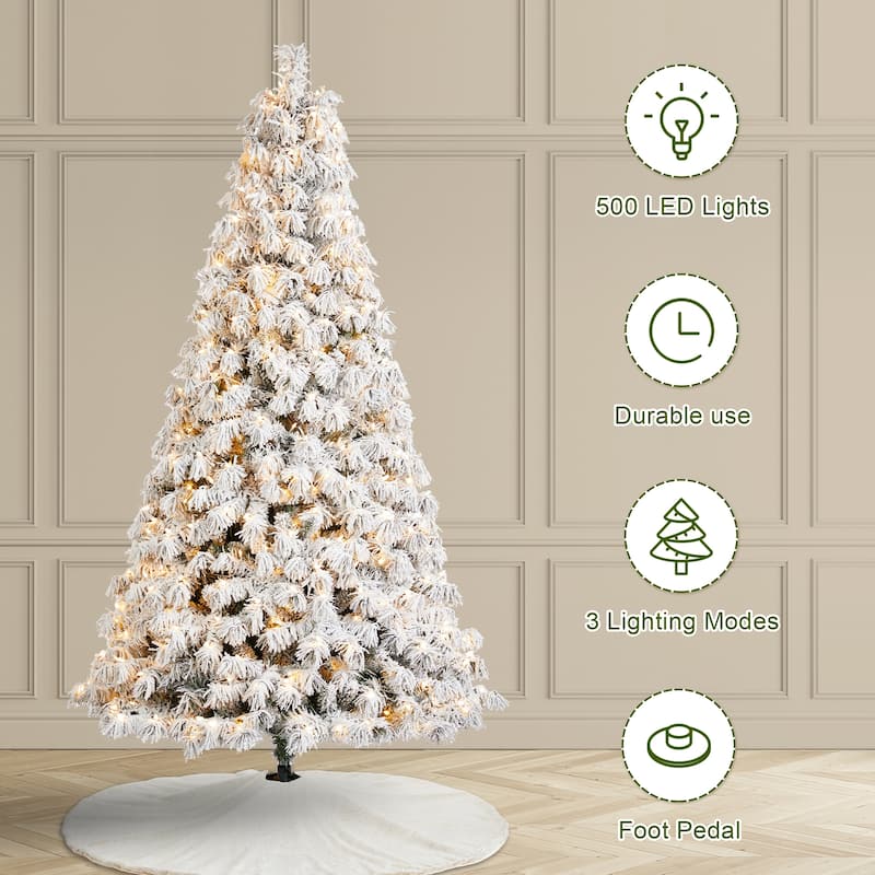 Glitzhome 6FT/7.5FT/9FT/11FT Snow Flocked Pre-lit Artificial Fir Christmas Trees