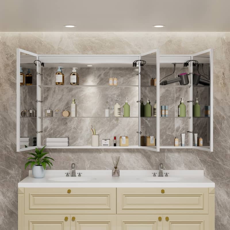 Rail Aluminum Recessed/Surface Mount Bathroom Medicine Cabinet with Mirror, Adjustable Brightness, Defogging & USB Port