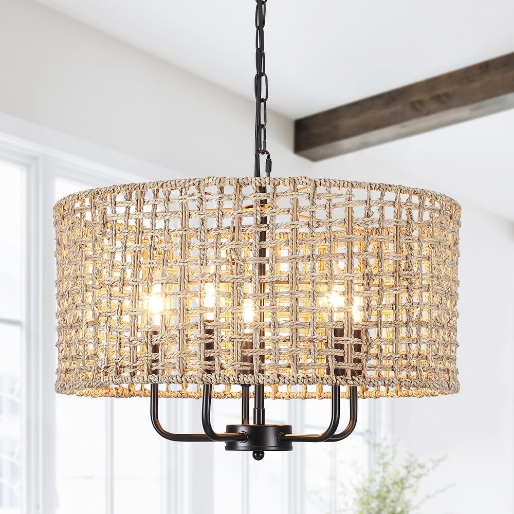 5-Light 18.89-inch Rattan Drum Chandelier for Living Room Kitchen