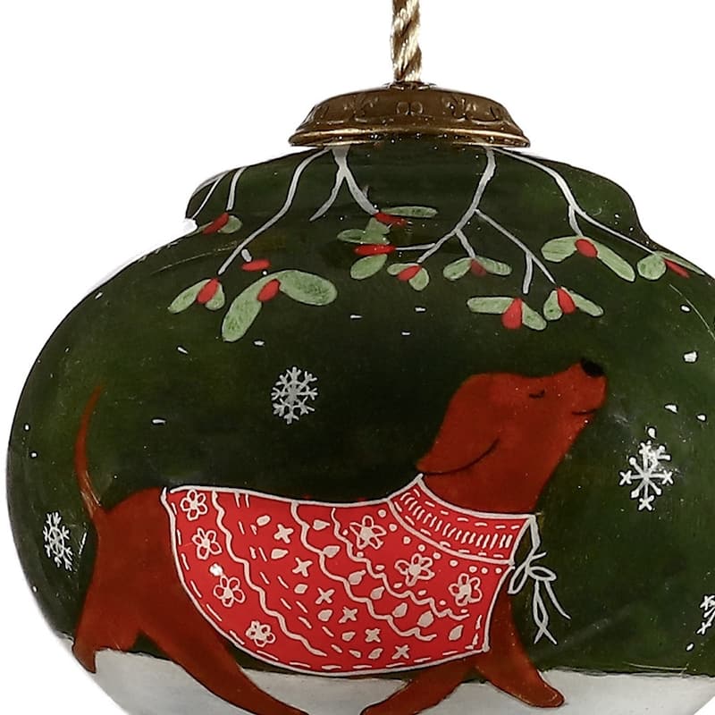 Trotting Dog in Comfy Christmas Attire Hand Painted Mouth Blown Glass Ornament - 3.75" x 2.75" x 2.75"