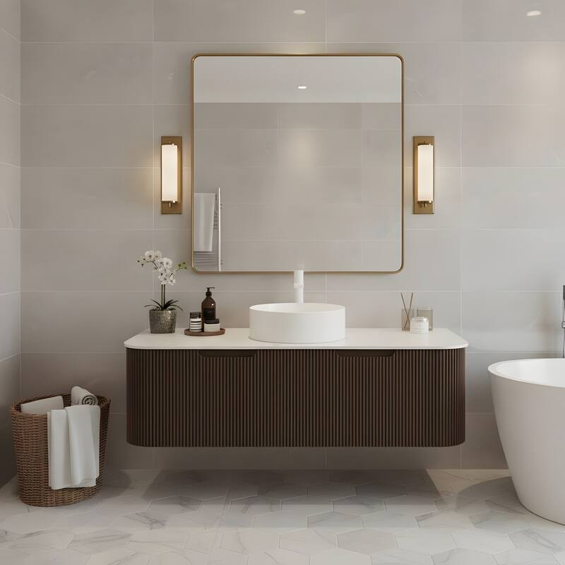 Wall Mounted Bathroom with White Round Ceramic Basin and Drawer - Dark Walnut - 48