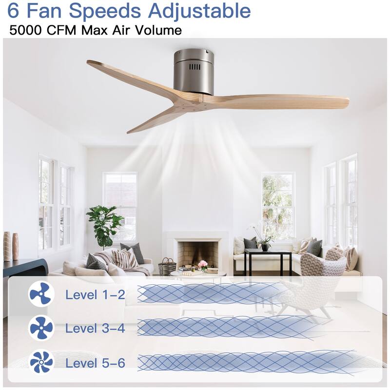 52In. Farmhouse Indoor Flush Mount Low Profile Ceiling Fan with Solid Wood Blades and Remote Control