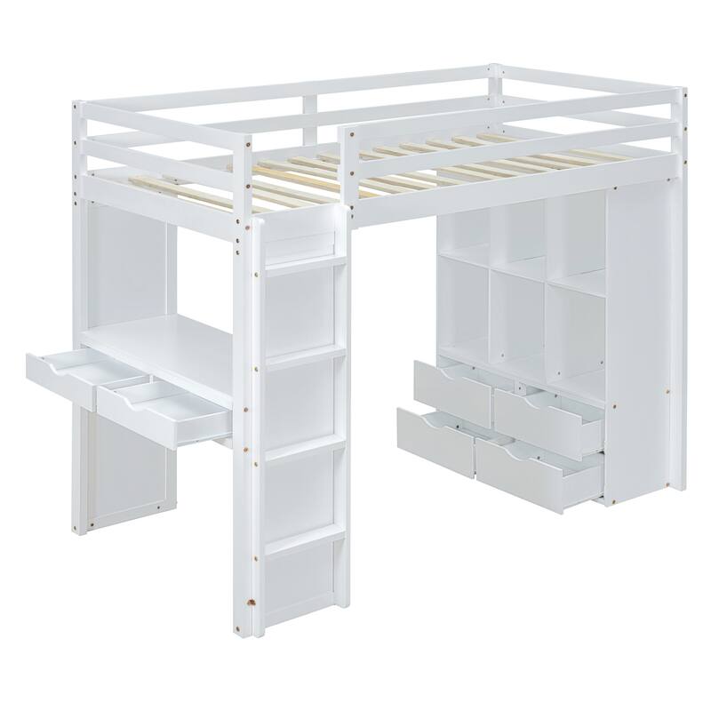 Solid Wood Loft Bed with large shelves, writing desk and LED Light for Bedroom