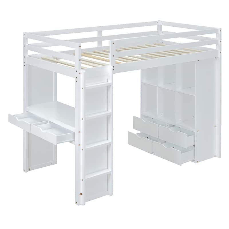 White Full Size Solid Wood Loft Bed with Shelves, Writing Desk, and LED Light