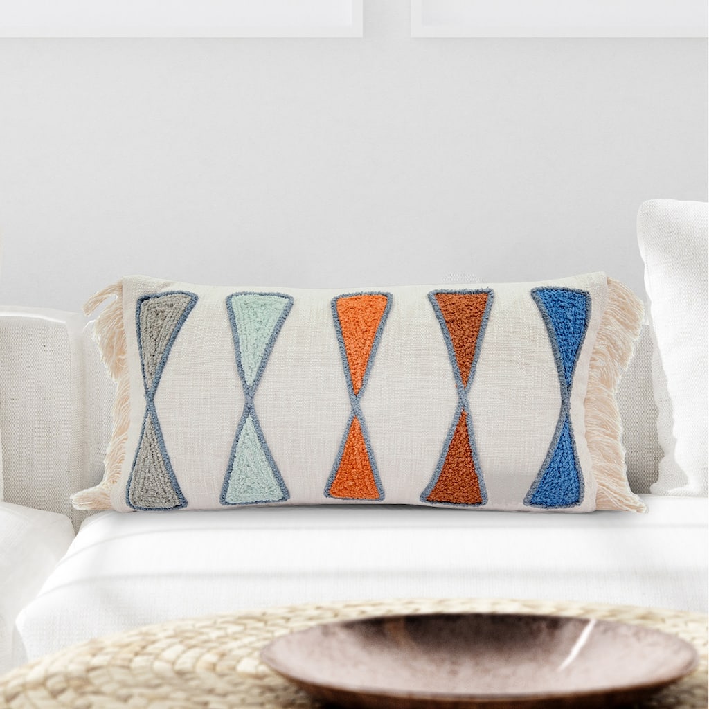 Cotton Lumbar Pillow with Embroidery and Fringe
