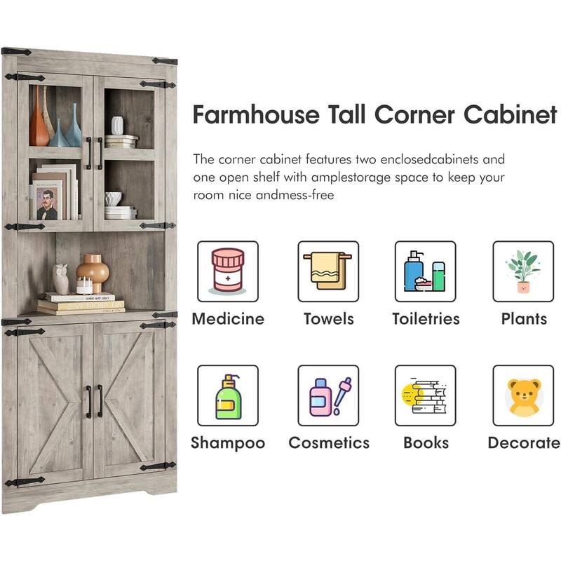 Tall Farmhouse Corner Cabinet with Glass Door & Adjustable Shelves, Space-Saving Storage for Kitchen or Bathroom
