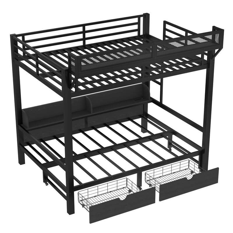 Twin XL over Twin XL Bunk Bed with Storage & Drawers, USB Ports & LED Lights, Convertible Sofa Lower Bed