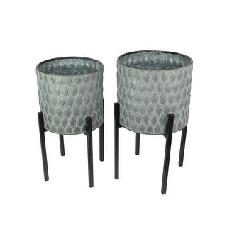 Galvanized Metal Leaf Pattern Planters With Wooden Stands (Set Of 2 ...