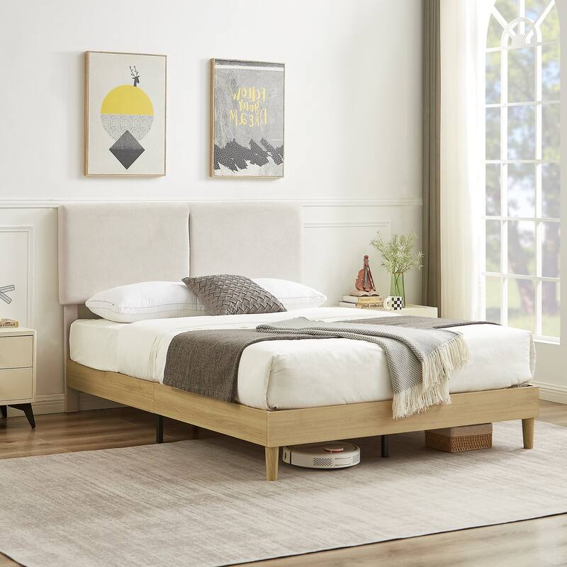 Javlergo Upholstered Bed Frame with Linen Fabric Adjustable Headboard, Strong Wood Slats Supports, No Box Spring Needed
