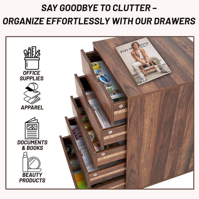 Portable 5-Drawer Wooden Cabinet with 360° Wheels, Smooth Pullout & Extra Top Storage