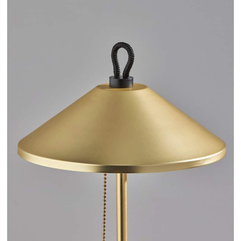 Gold Metal Candlestick LED Table Lamp with Brass Cone Shade Pull Chain - 8.62” x 8.62” x 19.75” (D x W x H)