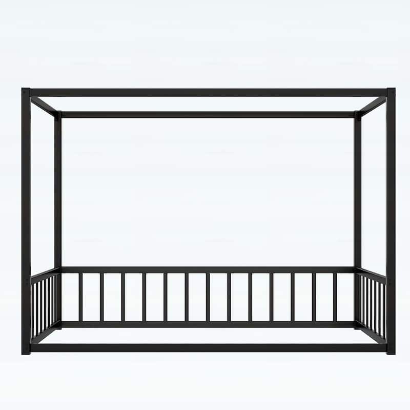 Floor House Bed with Fence-Style Guardrails,Modern Low-Profile Design