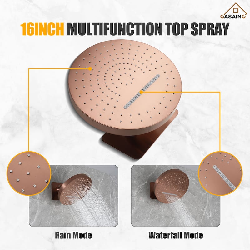 Luxury Thermostatic Shower System 5-Spray Patterns 16" Round Wall Mount Fixed and Handheld Shower Head - 15.7" x 15.7"