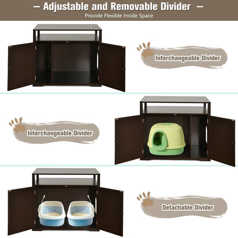 Wooden Cat Litter Box Enclosure Hidden Cat Washroom w/ Storage Layer