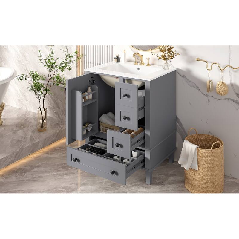 GDFStudio - Faraday Modern Freestanding Bathroom Vanity with Ceramic Sink, Double-Layer Shelf and Soft Close Drawers & Door