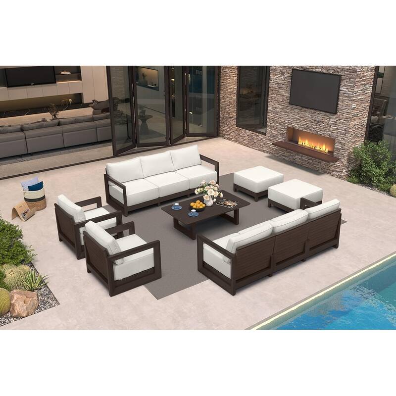 PURPLE LEAF Caesar Outdoor Couch with 9.6" white Thick Cushion and Table for Yard Porch Deck Outdoor Patio Conversation Sets - 8 Seats+1 Table+2 Ottomans - Enclosed