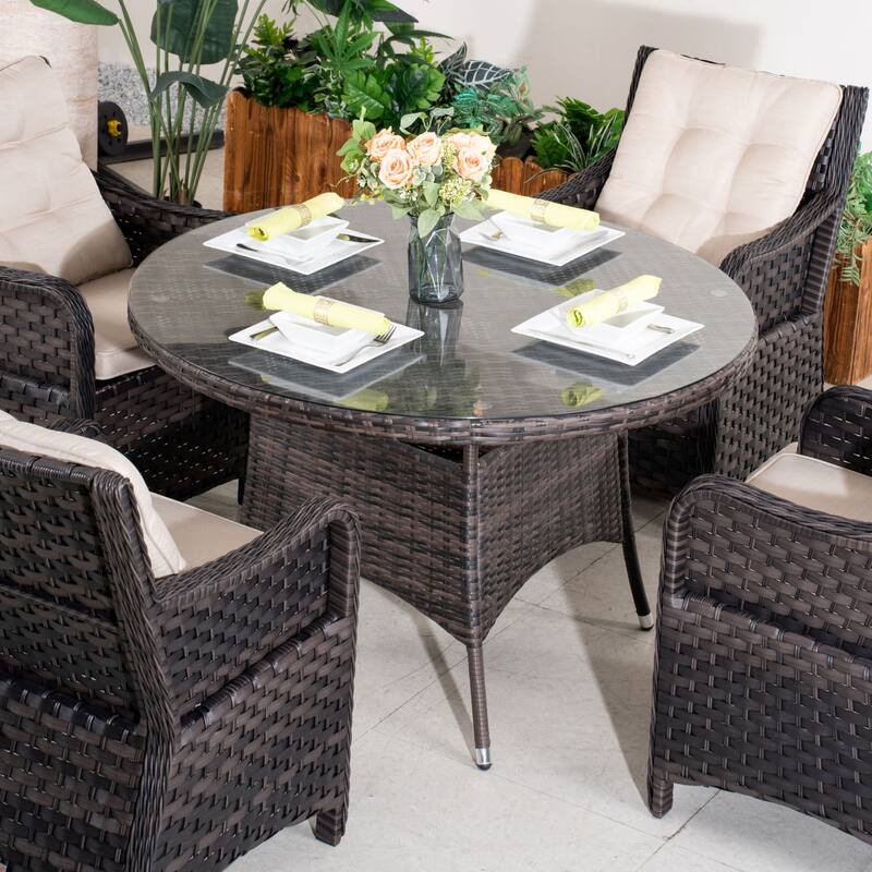 5-piece Outdoor Dining Set - PE Wicker Chairs & Tempered Glass Table