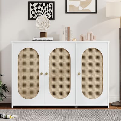 Retro Storage Accent Cabinet Hallway Buffet Cabinet Sideboard with 3 Oval Rattan Doors and Adjustable Shelves for Living Room