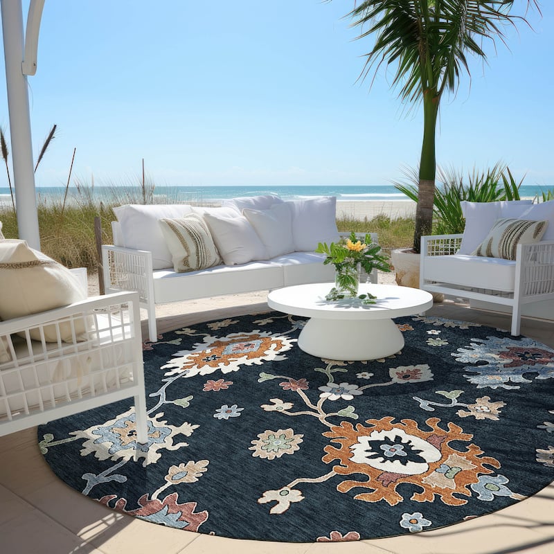 Machine Washable Indoor/ Outdoor Chantille Traditonal Kashan Rug - Black - 8' x 8'