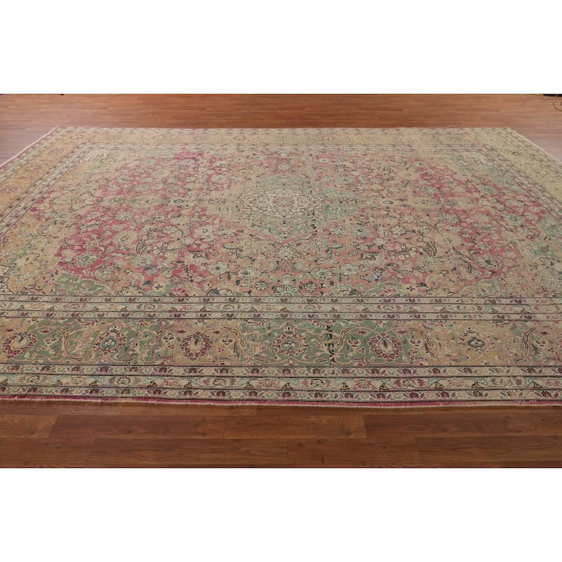 Distressed Mashad Vintage Persian Large Rug Handmade Wool Carpet - 9'7" x 13'8"