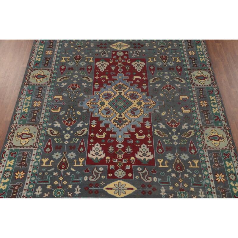 Geometric Grey Kazak Area Rug Handmade Wool Carpet - 8'9"x 11'7"
