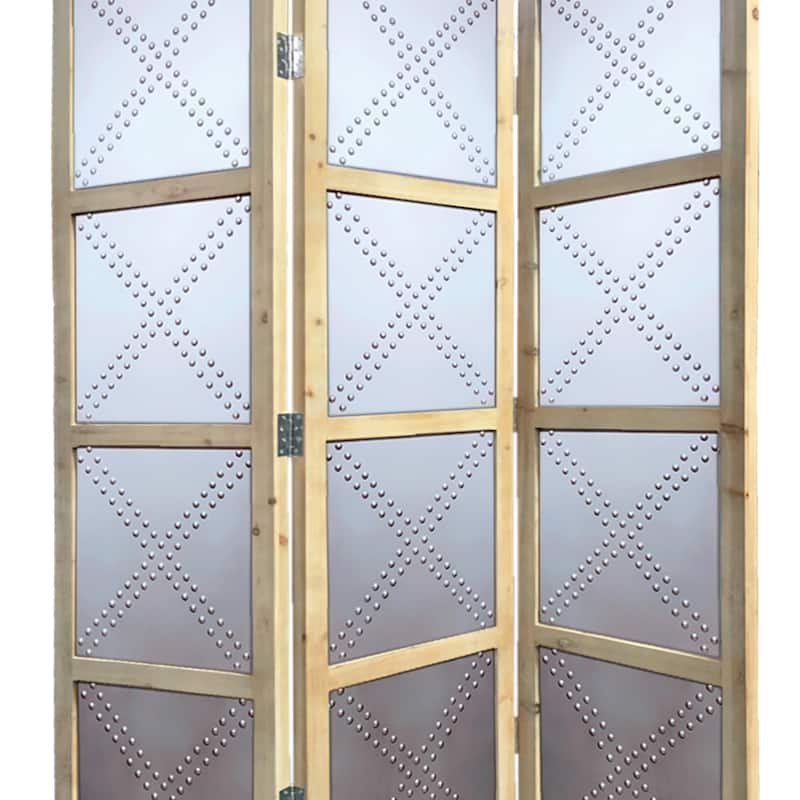 Contemporary 3 Panel Screen with Wood Frame & Nailhead Trim Design, Gray