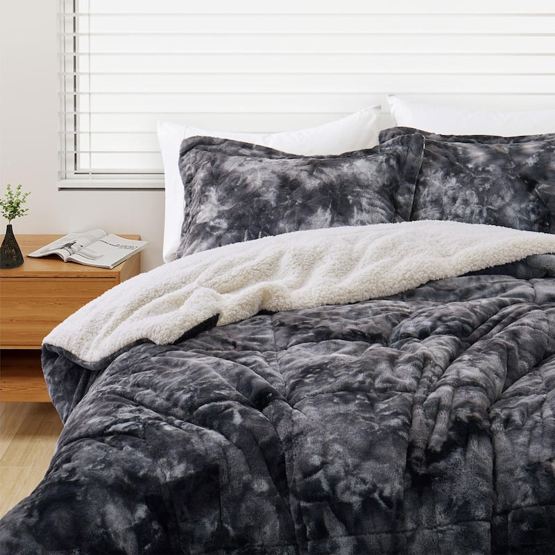 Dual-Side Fluffy Sherpa Comforter Set, Winter Plush Fuzzy Bedding Set